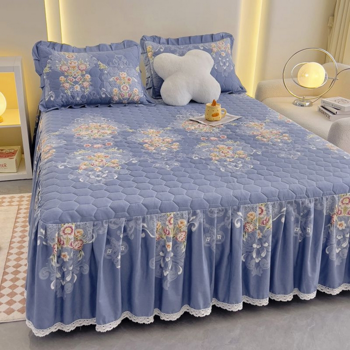 91家纺网 家纺一手货源 找家纺 情煊家纺 2024新款全棉亲肤夹棉纯色印花床裙单品系列-单床裙 锦绣花期-蓝