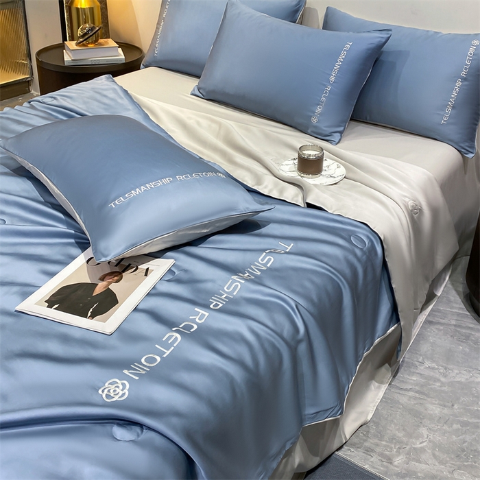 91家纺网 家纺一手货源 找家纺 （总）小久久（小九九） 2024新款水洗真丝刺绣双拼夏被四件套-山茶花