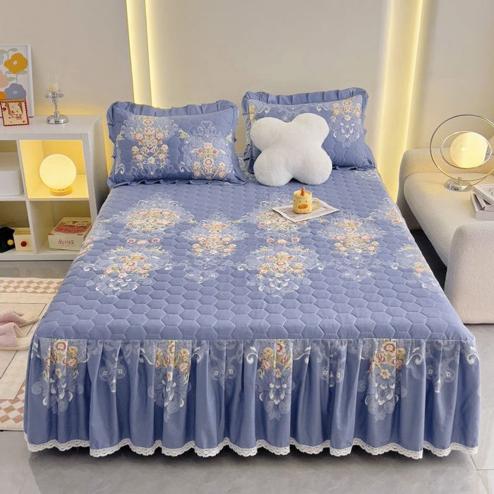 91家纺网 家纺一手货源 找家纺 情煊家纺 2024新款全棉亲肤夹棉纯色印花床裙单品系列-单床裙 锦绣花期-蓝