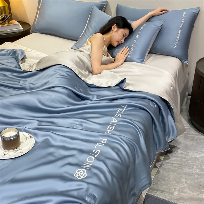 91家纺网 家纺一手货源 找家纺 （总）小久久（小九九） 2024新款水洗真丝刺绣双拼夏被四件套-山茶花