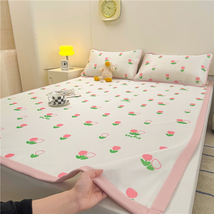 91家纺网 家纺一手货源 找家纺 喜居 2024新款碳光冰丝席冰丝凉席印花冰丝席三件套软凉席子 郁金香-粉