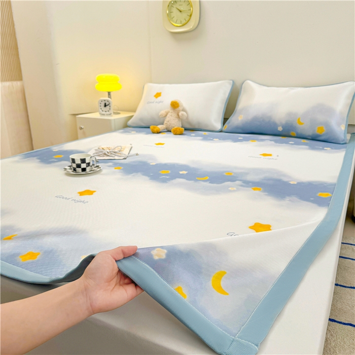 91家纺网 家纺一手货源 找家纺 喜居 2024新款碳光冰丝席冰丝凉席印花冰丝席三件套软凉席子 星河