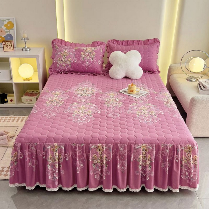 91家纺网 家纺一手货源 找家纺 情煊家纺 2024新款全棉亲肤夹棉纯色印花床裙单品系列-单床裙 锦绣花期-豆沙