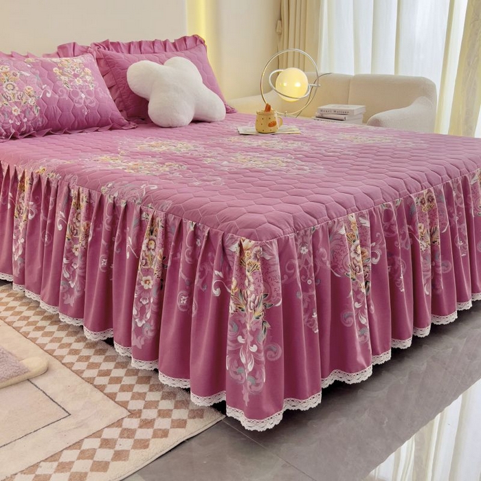 91家纺网 家纺一手货源 找家纺 情煊家纺 2024新款全棉亲肤夹棉纯色印花床裙单品系列-单床裙 锦绣花期-豆沙