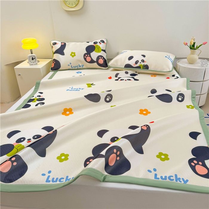 91家纺网 家纺一手货源 找家纺 喜居 2024新款碳光冰丝席冰丝凉席印花冰丝席三件套软凉席子 熊猫圆圆