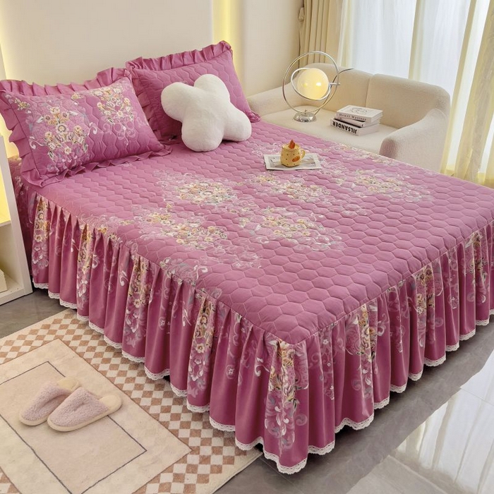 91家纺网 家纺一手货源 找家纺 情煊家纺 2024新款全棉亲肤夹棉纯色印花床裙单品系列-单床裙 锦绣花期-豆沙