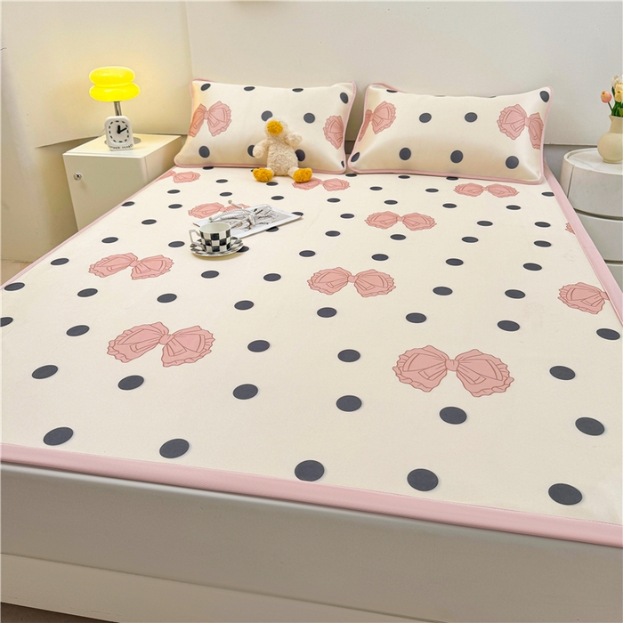 91家纺网 家纺一手货源 找家纺 喜居 2024新款碳光冰丝席冰丝凉席印花冰丝席三件套软凉席子 粉色心情