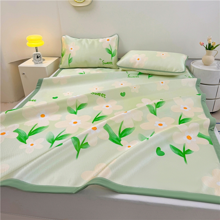 91家纺网 家纺一手货源 找家纺 喜居 2024新款碳光冰丝席冰丝凉席印花冰丝席三件套软凉席子 盛夏