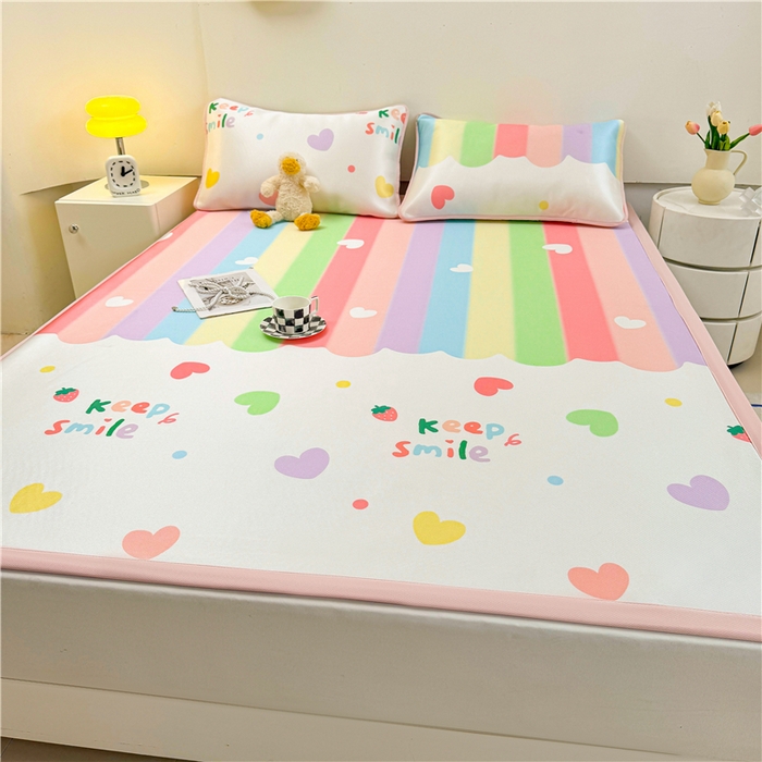 91家纺网 家纺一手货源 找家纺 喜居 2024新款碳光冰丝席冰丝凉席印花冰丝席三件套软凉席子 彩虹草莓