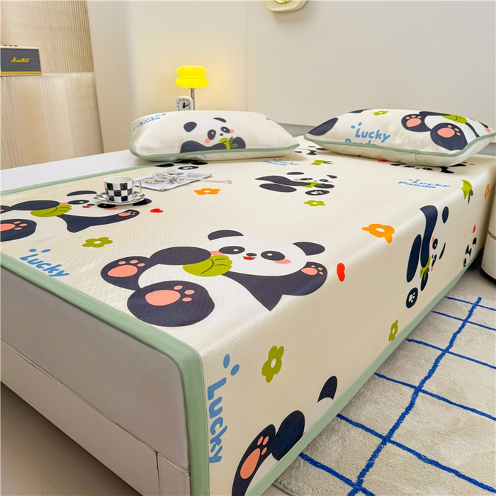 91家纺网 家纺一手货源 找家纺 喜居 2024新款碳光冰丝席冰丝凉席印花冰丝席三件套软凉席子 熊猫圆圆