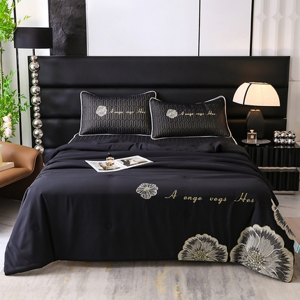 91家纺网 家纺一手货源 找家纺 你好美丽 2025新款凉感丝绣花0.6乳胶凉席夏被四件套-盛世年华 经典黑