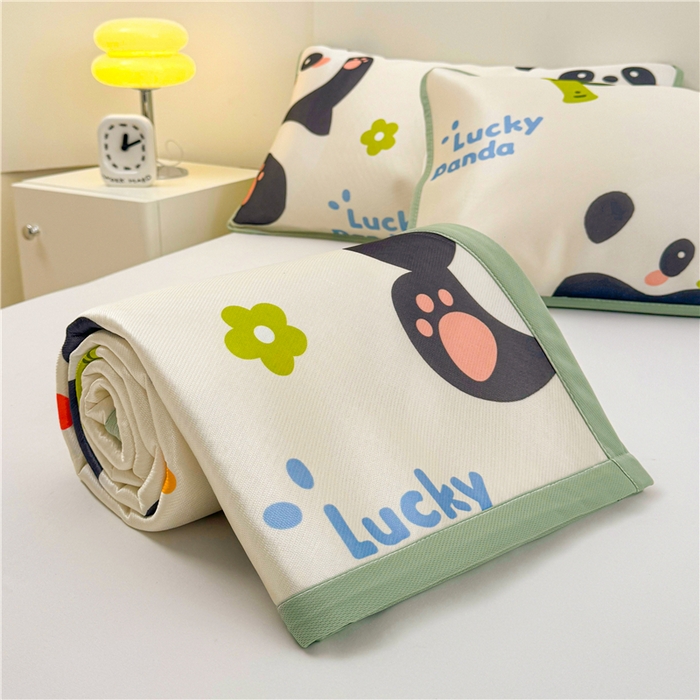 91家纺网 家纺一手货源 找家纺 喜居 2024新款碳光冰丝席冰丝凉席印花冰丝席三件套软凉席子 熊猫圆圆