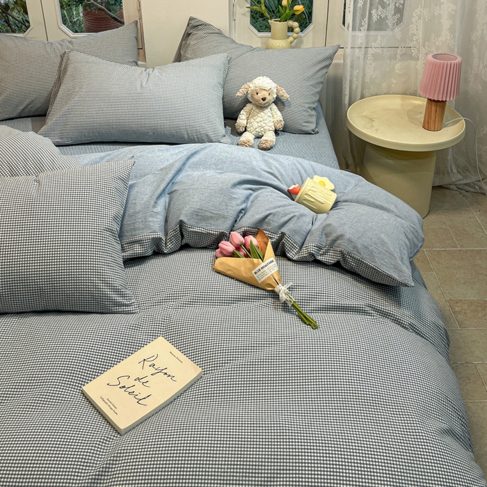 91家纺网 家纺一手货源 找家纺 喜居 2024新款全棉色织被套单被套纯棉被套全棉被套 小小格蓝