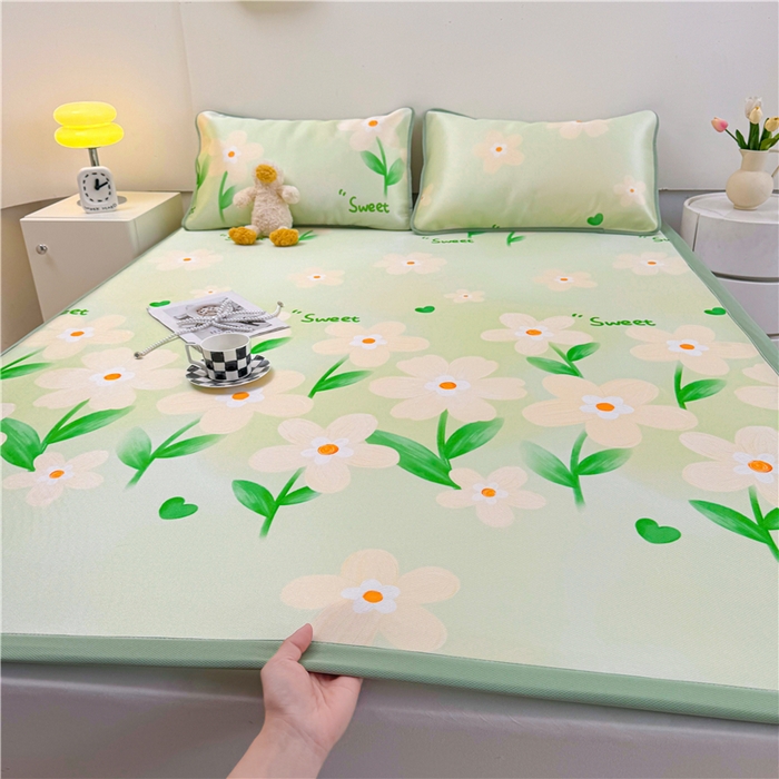 91家纺网 家纺一手货源 找家纺 喜居 2024新款碳光冰丝席冰丝凉席印花冰丝席三件套软凉席子 盛夏