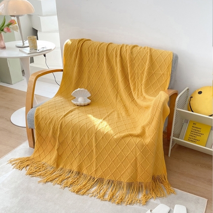朴尔家纺-毛巾被 2024新款菱形格条纹流苏手工针织毯 杏黄色