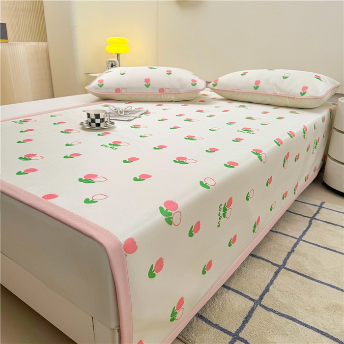 91家纺网 家纺一手货源 找家纺 喜居 2024新款碳光冰丝席冰丝凉席印花冰丝席三件套软凉席子 郁金香-粉