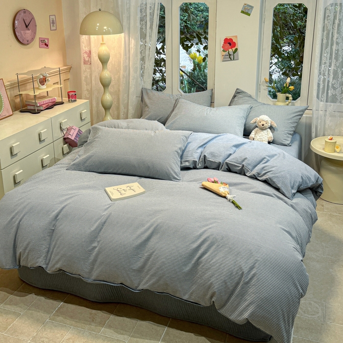 91家纺网 家纺一手货源 找家纺 喜居 2024新款全棉色织被套单被套纯棉被套全棉被套 小小格蓝