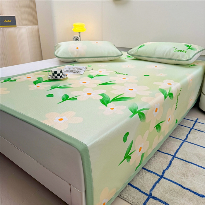 91家纺网 家纺一手货源 找家纺 喜居 2024新款碳光冰丝席冰丝凉席印花冰丝席三件套软凉席子 盛夏