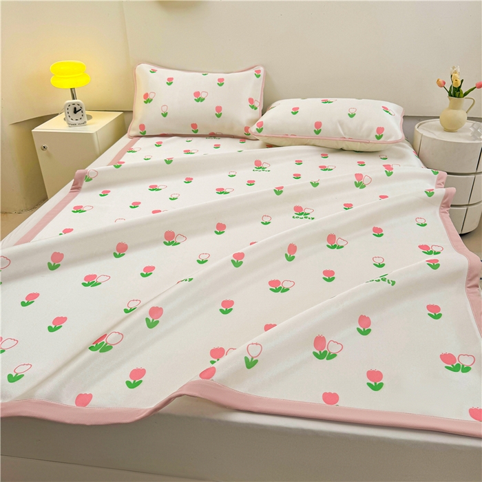 91家纺网 家纺一手货源 找家纺 喜居 2024新款碳光冰丝席冰丝凉席印花冰丝席三件套软凉席子 郁金香-粉