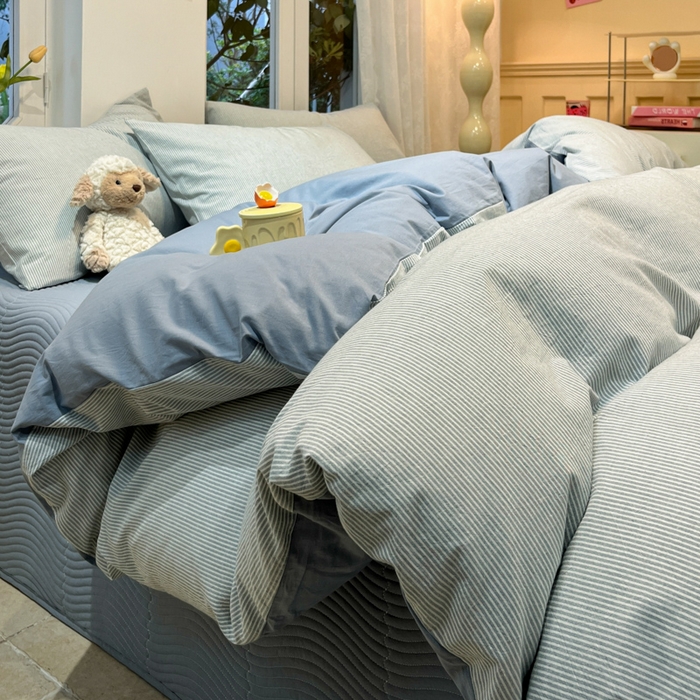 91家纺网 家纺一手货源 找家纺 喜居 2024新款全棉色织被套单被套纯棉被套全棉被套 小密条蓝