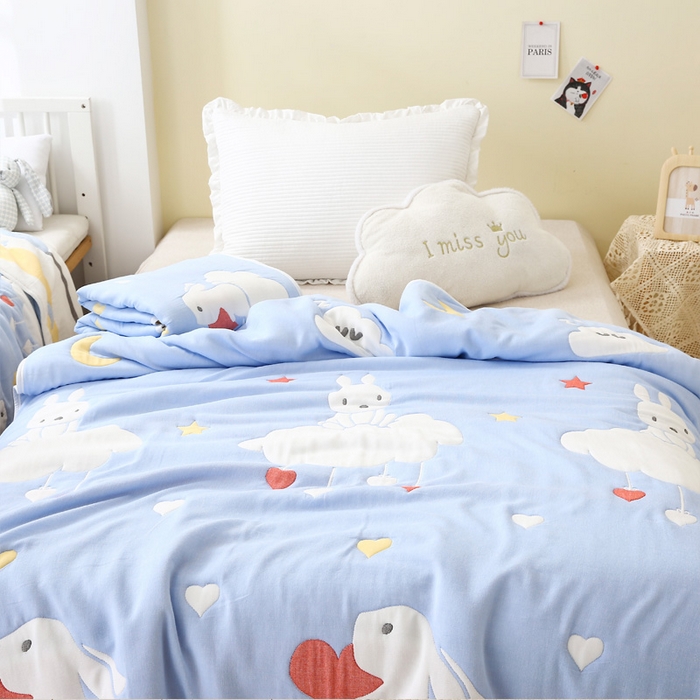 91家纺网 家纺一手货源 找家纺 朴尔家纺-毛巾被 2024新款全棉十层纱布加厚儿童盖被毛巾被-朴尔 云朵兔兰