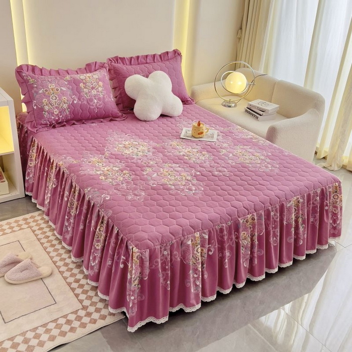 91家纺网 家纺一手货源 找家纺 情煊家纺 2024新款全棉亲肤夹棉纯色印花床裙单品系列-单床裙 锦绣花期-豆沙