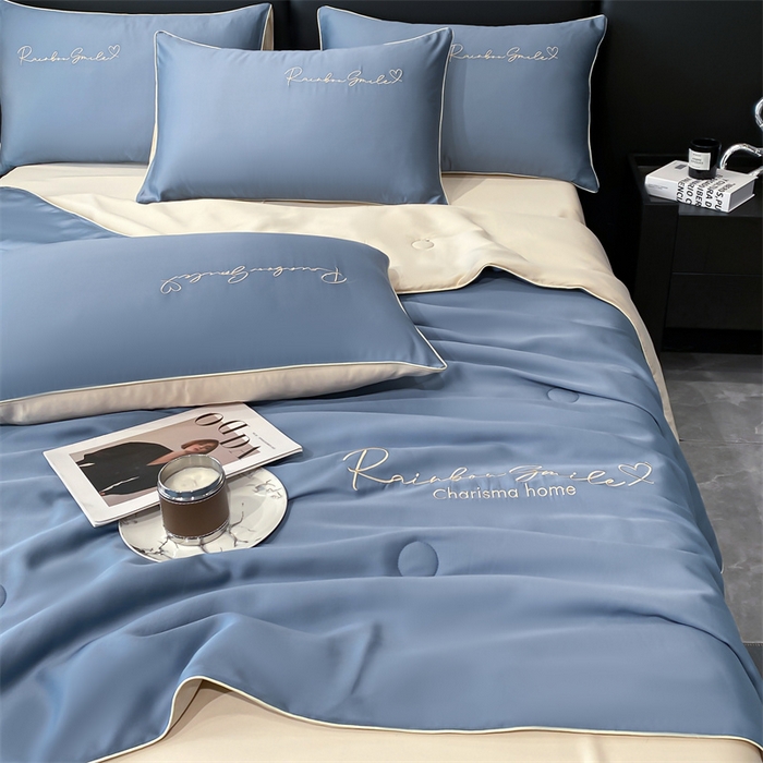 91家纺网 家纺一手货源 找家纺 （总）小久久（小九九） 2024新款水洗真丝刺绣双拼夏被四件套-心恋