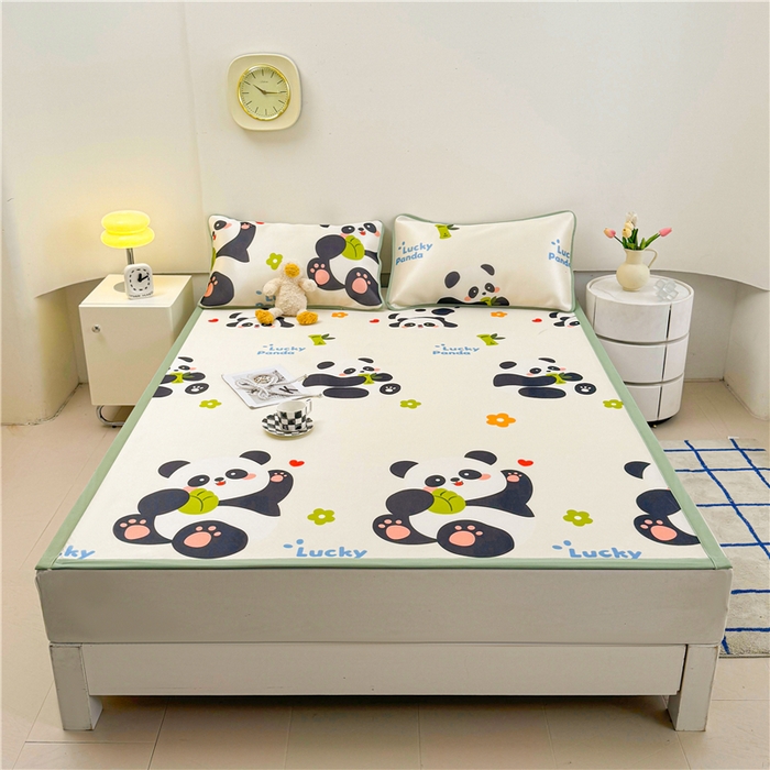 91家纺网 家纺一手货源 找家纺 喜居 2024新款碳光冰丝席冰丝凉席印花冰丝席三件套软凉席子 熊猫圆圆