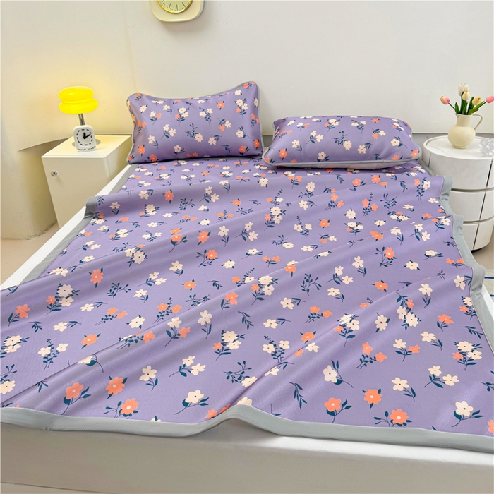 91家纺网 家纺一手货源 找家纺 喜居 2024新款碳光冰丝席冰丝凉席印花冰丝席三件套软凉席子 蔷薇花