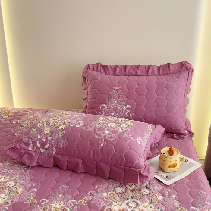 91家纺网 家纺一手货源 找家纺 情煊家纺 2024新款全棉亲肤夹棉纯色印花床裙单品系列-单床裙 锦绣花期-豆沙