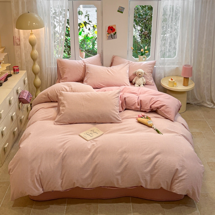 91家纺网 家纺一手货源 找家纺 喜居 2024新款全棉色织被套单被套纯棉被套全棉被套 小蜜条粉