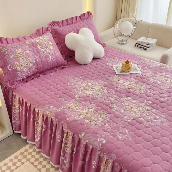 91家纺网 家纺一手货源 找家纺 情煊家纺 2024新款全棉亲肤夹棉纯色印花床裙单品系列-单床裙 锦绣花期-豆沙