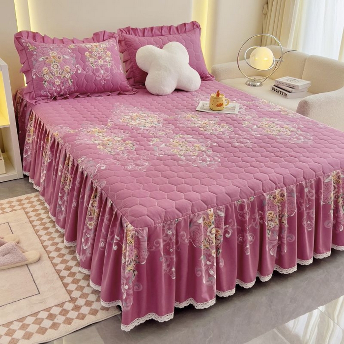 91家纺网 家纺一手货源 找家纺 情煊家纺 2024新款全棉亲肤夹棉纯色印花床裙单品系列-单床裙 锦绣花期-豆沙