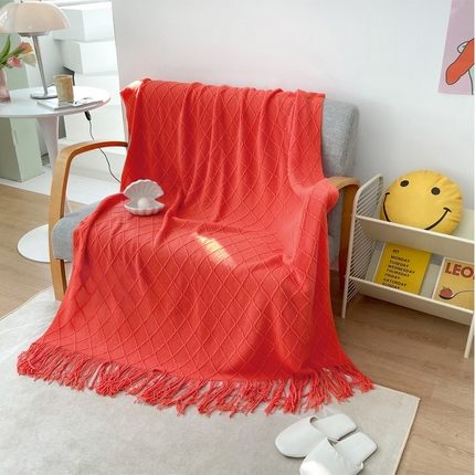 91家纺网 家纺一手货源 找家纺 （总）朴尔家纺-毛巾被 2024新款菱形格条纹流苏手工针织毯