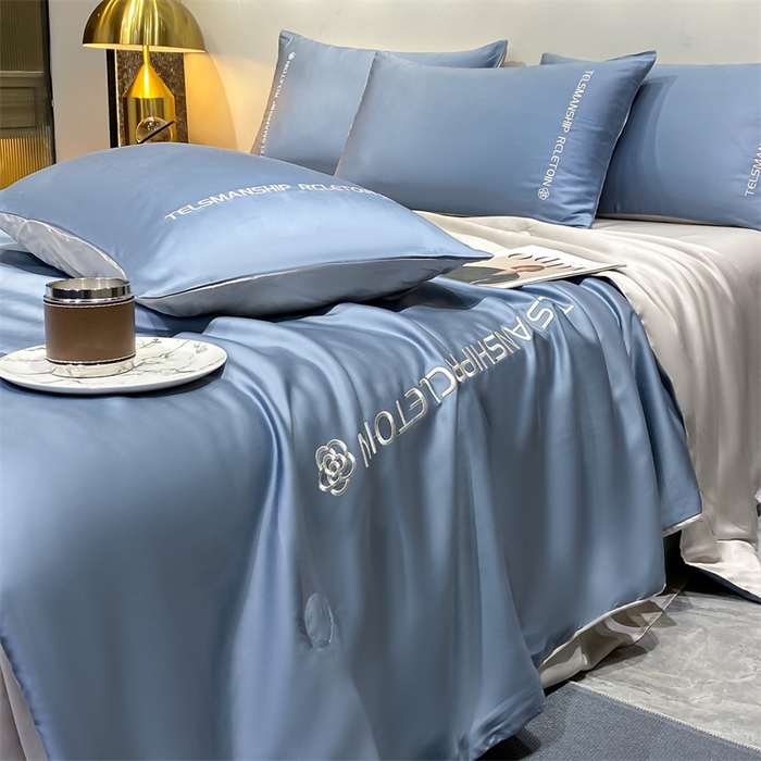 91家纺网 家纺一手货源 找家纺 （总）小久久（小九九） 2024新款水洗真丝刺绣双拼夏被四件套-山茶花