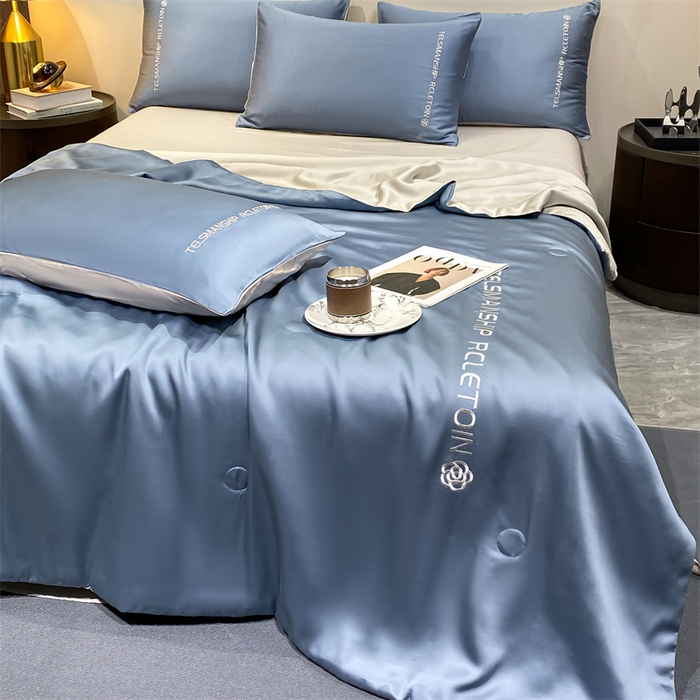 91家纺网 家纺一手货源 找家纺 （总）小久久（小九九） 2024新款水洗真丝刺绣双拼夏被四件套-山茶花