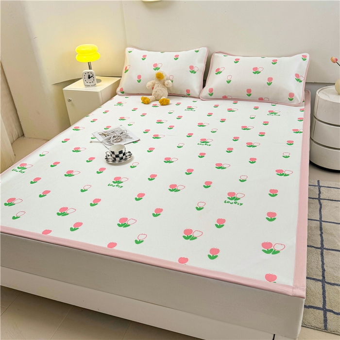 91家纺网 家纺一手货源 找家纺 喜居 2024新款碳光冰丝席冰丝凉席印花冰丝席三件套软凉席子 郁金香-粉