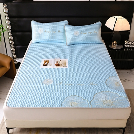 91家纺网 家纺一手货源 找家纺 你好美丽 2025新款凉感丝绣花0.6乳胶凉席三件套-盛世年华 天蓝