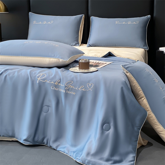 91家纺网 家纺一手货源 找家纺 （总）小久久（小九九） 2024新款水洗真丝刺绣双拼夏被四件套-心恋