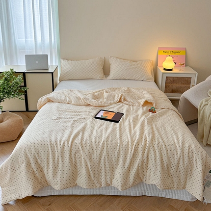 萝莉家纺 2024新款全棉双层皱皱纱夏被 黑色点点