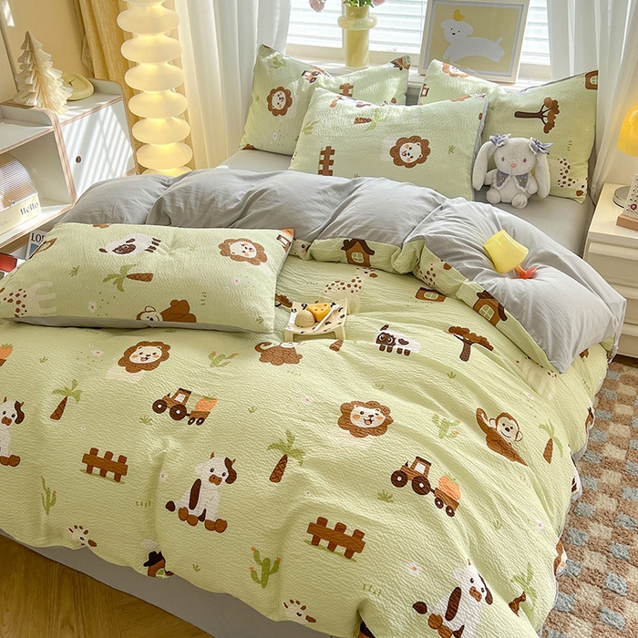 91家纺网 家纺一手货源 找家纺 妖妖家纺 2024新款有氧水洗泡泡棉印花四套泡芙棉四件套 动物园记