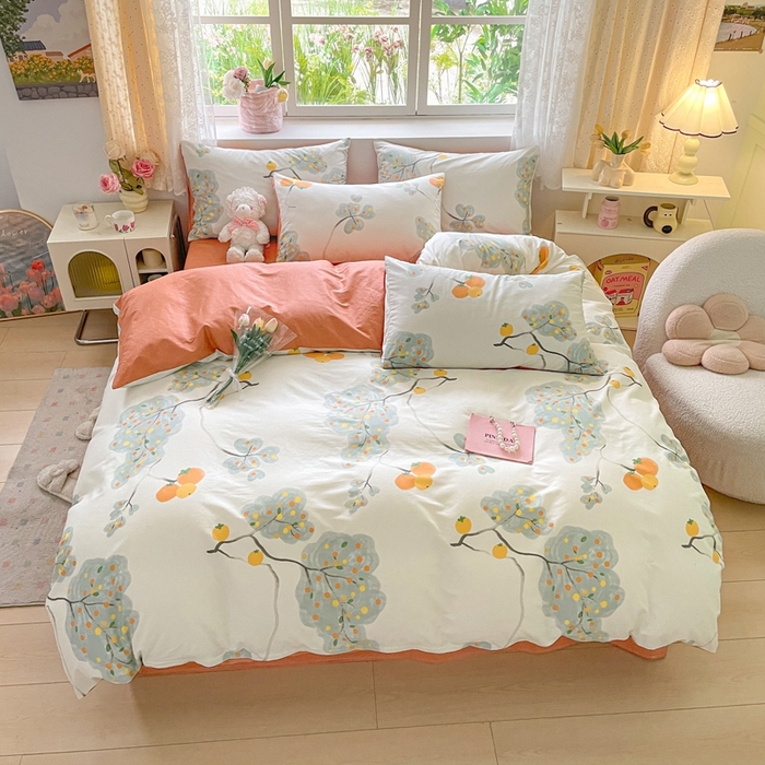 91家纺网 家纺一手货源 找家纺 洺兰家居 2025年新款13372全棉印花四件套纯棉小清新北欧风花卉床单床笠款套件 柿柿如意