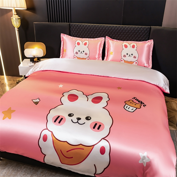 91家纺网 家纺一手货源 找家纺 梦舒羽 2025新款可水洗大版冰丝床单卡通床笠四件套 小兔叽-大版冰丝被套