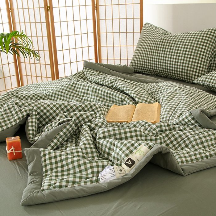 91家纺网 家纺一手货源 找家纺 花言狐语 2025新款A类全棉水洗棉夏被四件套 绿小格-单夏被