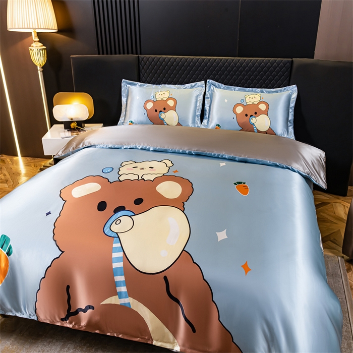 91家纺网 家纺一手货源 找家纺 梦舒羽 2025新款可水洗大版冰丝床单卡通床笠四件套 抱抱熊-大版冰丝被套