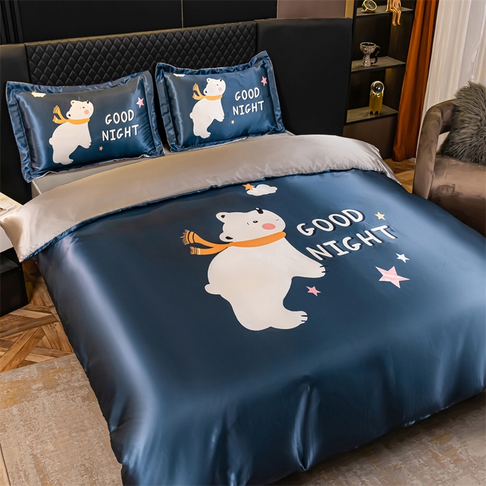 91家纺网 家纺一手货源 找家纺 梦舒羽 2025新款可水洗大版冰丝床单卡通床笠四件套 白白熊-大版冰丝被套