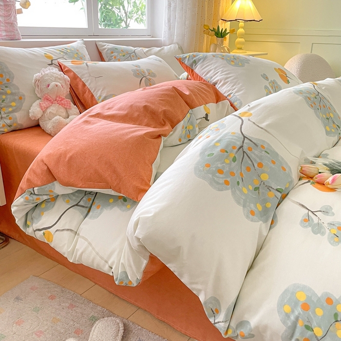 91家纺网 家纺一手货源 找家纺 洺兰家居 2025年新款13372全棉印花四件套纯棉小清新北欧风花卉床单床笠款套件 柿柿如意