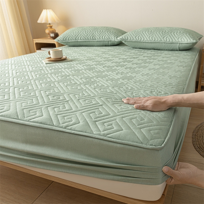 91家纺网 家纺一手货源 找家纺 古吉梦 2024新款水洗棉磨毛夹棉床笠 夹棉床笠-青石绿