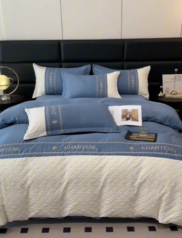 91家纺网 家纺一手货源 找家纺 梦之岛 2024新款A类浮雕立体水洗真丝天丝四件套 浮雕路易斯-宾利蓝