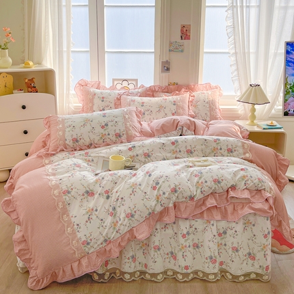 宜凡家纺 2024新款复古双拼全棉印花夹棉床笠式床裙四件套 诗语初妆